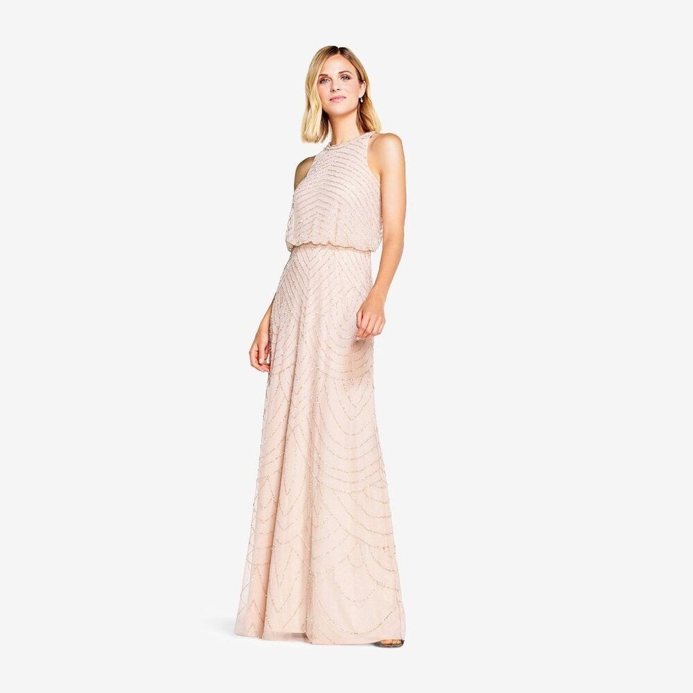 NEW Adrianna Papell Beaded Halter Blush Pink Gown Formal Dress 4 NEW Art Deco - Picture 1 of 16